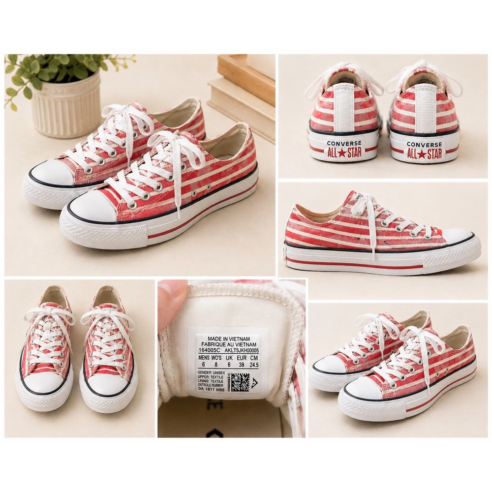Converse Chuck Taylor All Star Low Red White Striped Canvas Sneakers 164005C 8W